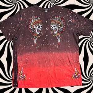 Affliction Red and Black Short Sleeve Tee with rhinestones and skulls